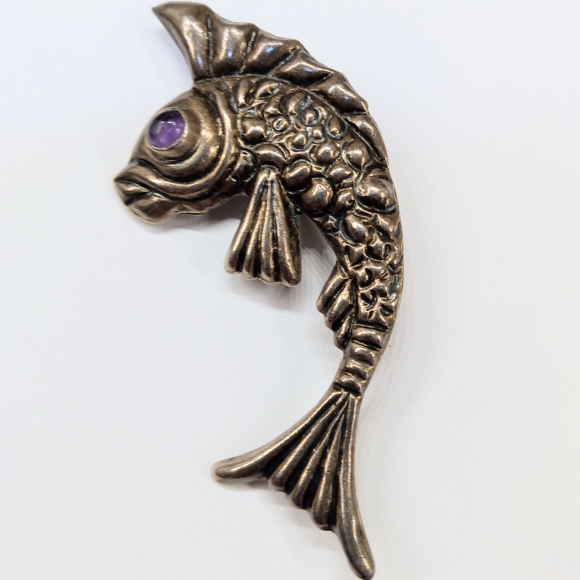 Fabulous Vintage Mexican Sterling Fish Amethyst - Picture 2 of 6